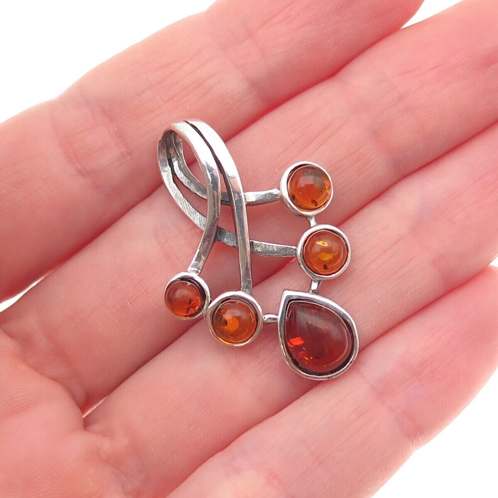 925 Sterling Silver Vintage Real Amber Modernist Charm Pendant